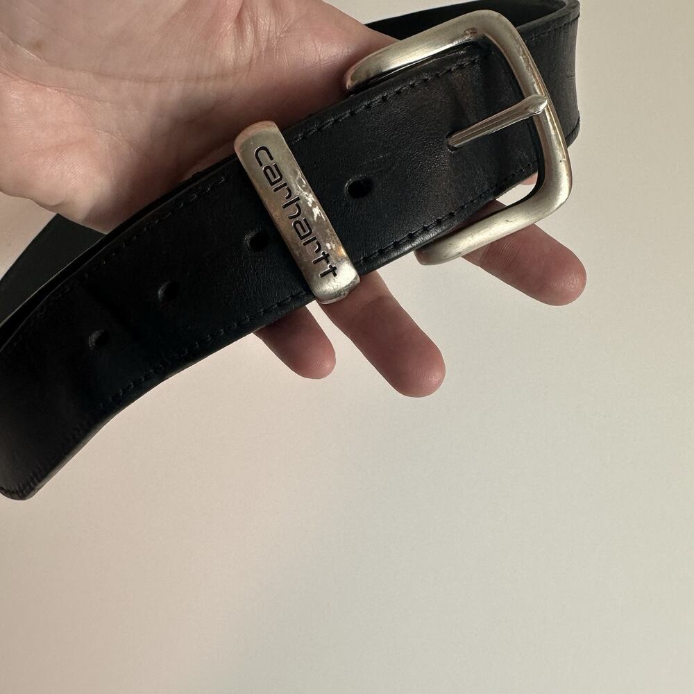 Carhartt Men Black Leather Belt 42 Silver Logo Keeper Workwear Rugged Casual